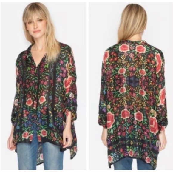 Johnny Was 100%silk "Emby" black floral top - Picture 2 of 9